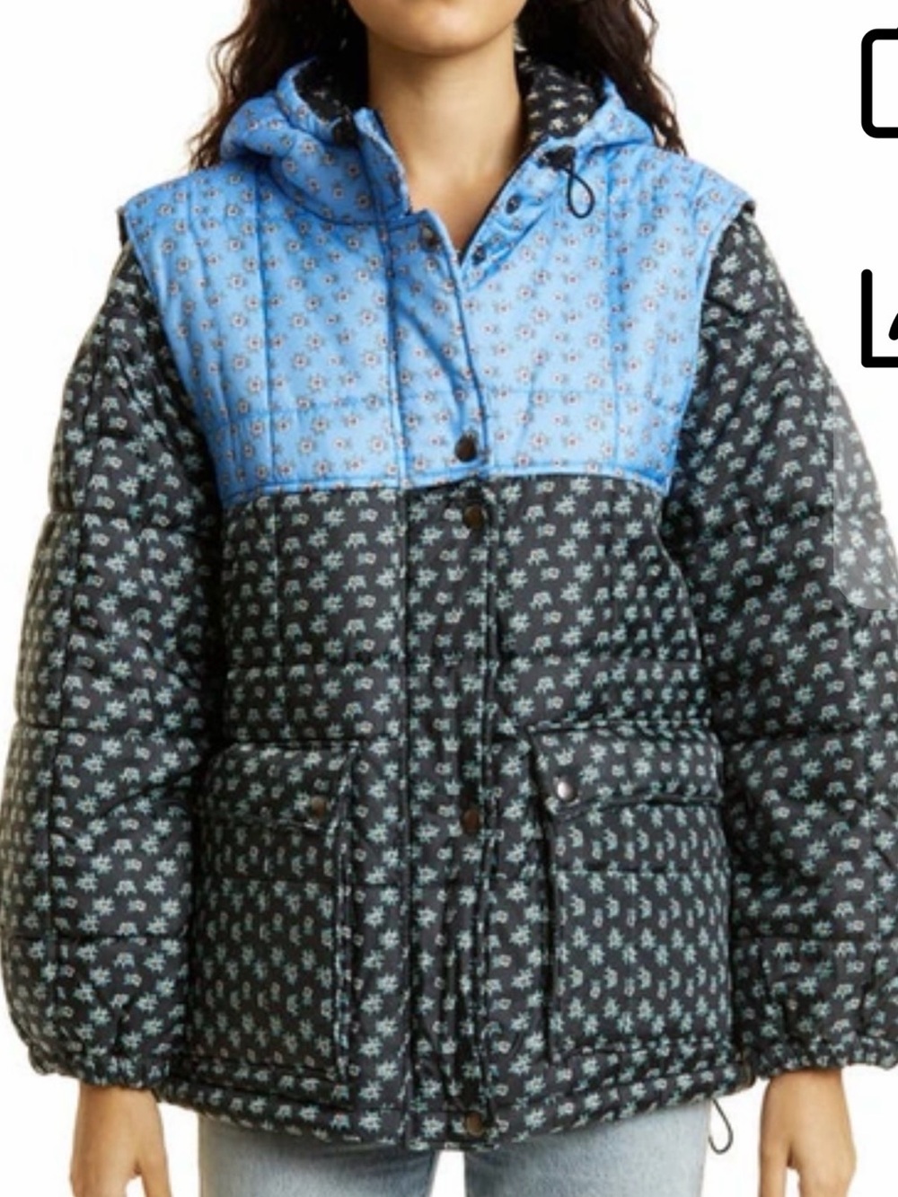 Sea Quilted Hooded Puffer Jacket/vest in Sky Blue and Black Floral